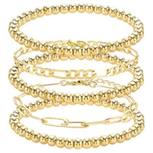 Beaded Bracelets for Women Stack Stretch Gold Silver Small Ball Beads Bracelets Dainty Paperclip Figaro Link Chain Bracelet Ankle for His and Her