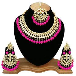 Finekraft Meena Kundan Bridal Wedding Designer Gold Plated Pearls Necklace Jewelry Set