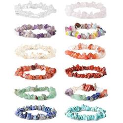 LOYALLOOK 8-12Pcs Natural Gemstone Chakra Crystal Healing Chip Gemstone Stretch Bracelets Tumble Polished Align Chakras/Conquer Fear/Increase Communication Reiki