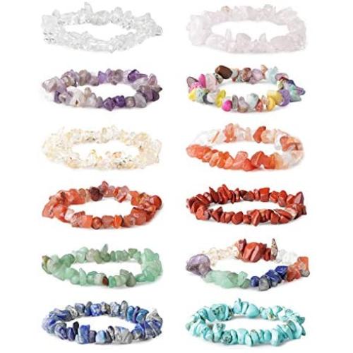 LOYALLOOK 8-12Pcs Natural Gemstone Chakra Crystal Healing Chip Gemstone Stretch Bracelets Tumble Polished Align Chakras/Conquer Fear/Increase Communication Reiki