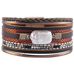GelConnie Baroque Pearl Leather Cuff Bracelet Multi Strand Wrap Bracelets Magnetic Bohemian Bracelet for Women, Wife, Sister