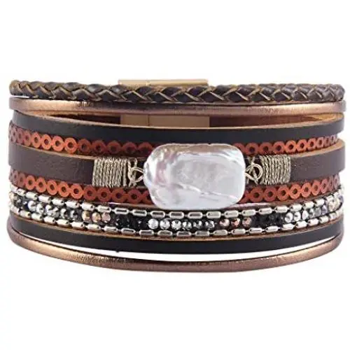 GelConnie Baroque Pearl Leather Cuff Bracelet Multi Strand Wrap Bracelets Magnetic Bohemian Bracelet for Women, Wife, Sister