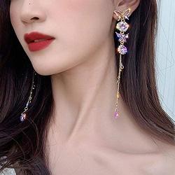 fxmimior Long Tassels Butterfly Earrings Dainty Silver Drop Earrings Statement Charm Earring Purple Rhinestones Crystals Body Jewelry for Women and Girls