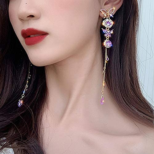 fxmimior Long Tassels Butterfly Earrings Dainty Silver Drop Earrings Statement Charm Earring Purple Rhinestones Crystals Body Jewelry for Women and Girls