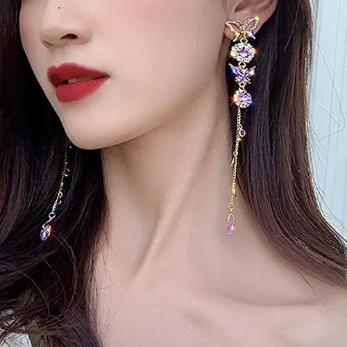 fxmimior Long Tassels Butterfly Earrings Dainty Silver Drop Earrings Statement Charm Earring Purple Rhinestones Crystals Body Jewelry for Women and Girls
