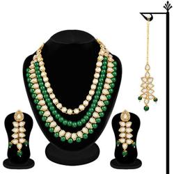 Aheli Multi Layered Faux Kundan Beaded Necklace Earrings Maang Tikka Indian Ethnic Bollywood Jewellery Set for Women