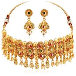 Aheli Elegant Gold Tone Crafted Ethnic Festive Wedding Party Wear Choker Necklace Jhumki Earrings Set for Indian Women Traditional Fashion Jewelry