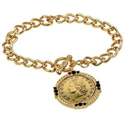 American Coin Treasures Italian 20 Lira Coin Toggle Charm Bracelet - Italian 20 Lire Goldtone Toggle Bracelet with Faceted Round Jet Glass Stones- Italian Medallion Bracelet