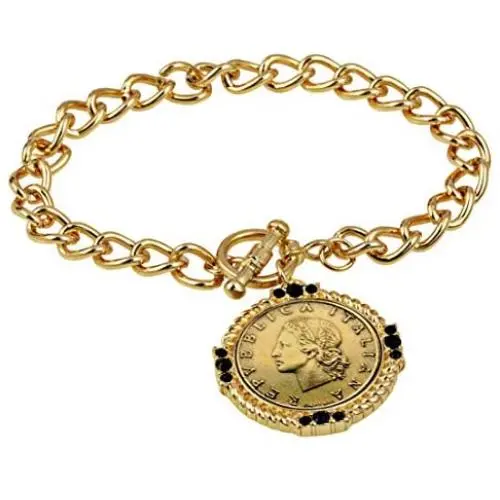 American Coin Treasures Italian 20 Lira Coin Toggle Charm Bracelet - Italian 20 Lire Goldtone Toggle Bracelet with Faceted Round Jet Glass Stones- Italian Medallion Bracelet