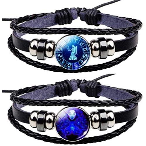 Newless 2 Pcs Constellation Leather Bracelet Retro Zodiac Astrology Braided Bracelet
