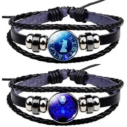 Newless 2 Pcs Constellation Leather Bracelet Retro Zodiac Astrology Braided Bracelet