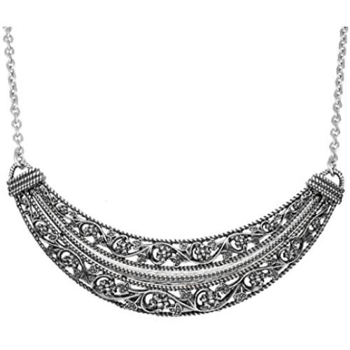 PZ Paz Creations 925 Sterling Silver Floral Lace Design Statement Necklace