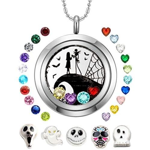 AZNECK 30mm Jack and Sally Nightmare Before Christmas Necklaces Halloween Locket Kids Floating Charms Pendant Gifts for Women Girls Men Boys Birthstone Jewelry