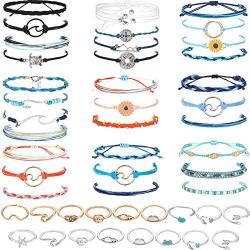 Hicarer 31 Pieces Surfer Strand Wave Bracelet Adjustable Waterproof Handmade Friendship Wax Wrap Bracelet Anklet Sunflower Braided Beach Bracelets for Teen Girls and 19 Pieces Star Moon Knuckle Ring