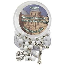 Scented Catholic White Wooden Rosary Prayer Beaded Jerusalem Cross Crucifix Christ Jesus Necklace for Auto Car for Men Women Religious Jewelry Pendant