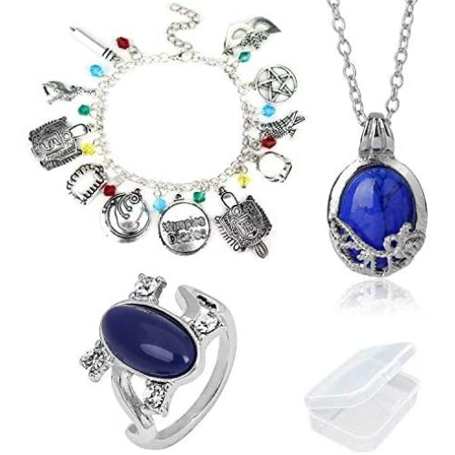 PPX The Vampire Diaries Daywalking Katherine Necklace Pendant Charm Necklace-Royal Blue and Elena Sapphire Crystal Daylight Ring Silver Ring and Bracelet Movie Jewelry Set with Storage Box