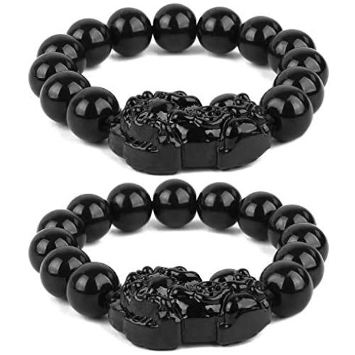 Goldenlight 2 Pcs Pi Xiu Bracelet Feng Shui Black Obsidian Wealth Bracelet for Women Men Adjustable Elastic