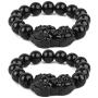 Goldenlight 2 Pcs Pi Xiu Bracelet Feng Shui Black Obsidian Wealth Bracelet for Women Men Adjustable Elastic