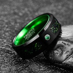 TUNGSTORY 8mm Black Celtic Dragon Tungsten Carbide Wedding Ring with Green Carbon Fiber and CZ Inlay Polished Finish Beveled Edge Size 6-15