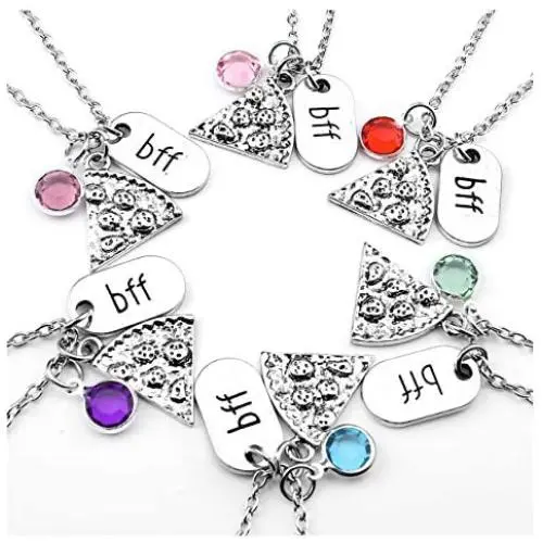 Top Plaza Womens Silver Tone Rhinestone Best Friends Forever BFF Necklace Engraved Pizza Pendant Necklaces 21 Inches - Set of 6