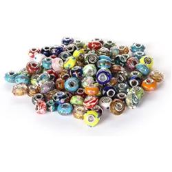 BRCbeads 100Pcs Mix Silver Plate STYLE4 Murano Lampwork European Glass Crystal Charms Beads Spacers Snake Chain Charm Bracelets.