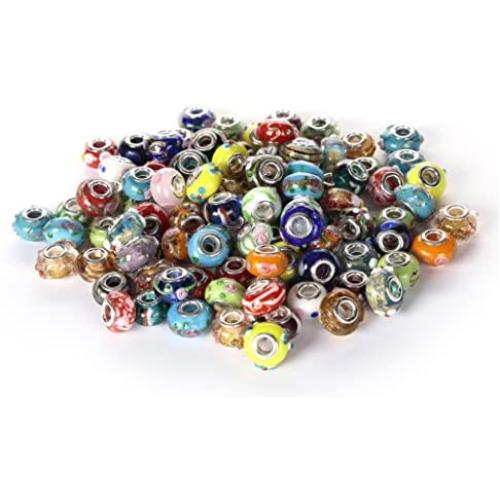 BRCbeads 100Pcs Mix Silver Plate STYLE4 Murano Lampwork European Glass Crystal Charms Beads Spacers Snake Chain Charm Bracelets.