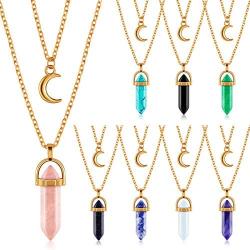 Yaomiao 8 Pieces Layered Crystal Moon Necklace Crescent Moon Choker with Healing Stone Pendant Pointed Hexagonal Healing Crystal Gemstone Necklaces for Women Girls
