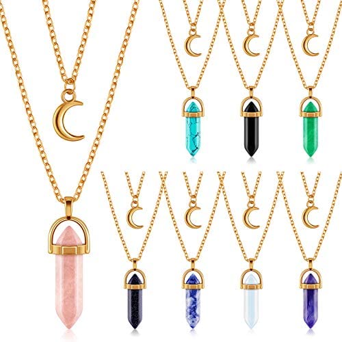 Yaomiao 8 Pieces Layered Crystal Moon Necklace Crescent Moon Choker with Healing Stone Pendant Pointed Hexagonal Healing Crystal Gemstone Necklaces for Women Girls