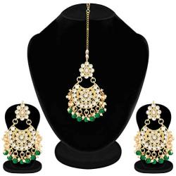 Aheli Faux Kundan Beaded Earrings Maang Tikka Set Indian Bollywood Ethnic Fashion Jewelry for Women