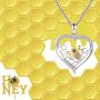 Sterling Silver Bee Honeycomb Necklace S925 Love Heart Little Bumblebee Cubic Zirconia Pendant Jewelry Gift for Teens Women Girl