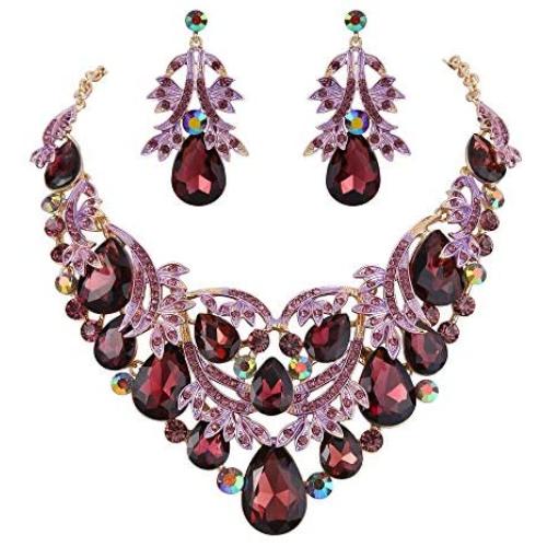 BriLove Womens Bohemian Boho Crystal Teardrop Filigree Leaf Hollow Statement Necklace Dangle Earrings Set