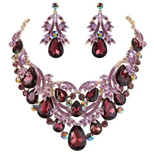 BriLove Womens Bohemian Boho Crystal Teardrop Filigree Leaf Hollow Statement Necklace Dangle Earrings Set BriLove Womens Bohemian Boho Crystal Teardrop Filigree Leaf Hollow Statement Necklace Dangle Earrings Set