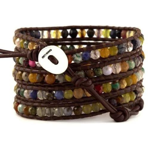Chan Luu Multi Stone Wrap Bracelet on Brown Leather