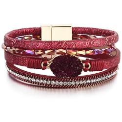 FANCY SHINY Leather Wrap Bracelet Boho Cuff Bracelets Crystal Bead Bracelet with Magnetic Clasp Jewelry Gifts for Women Teen Girls