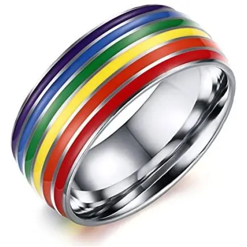 MINO Fashion Titanium Steel Silver Gold Rings Soft Enamel Rainbow Color Wedding Band for Lesbian& Gay MINO Fashion Titanium Steel Silver Gold Rings Soft Enamel Rainbow Color Wedding Band for Lesbian& Gay
