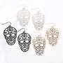 Sugar Skull Goth Punk Halloween Earrings - Calavera Lightweight Metallic Cutout Filigree Hook Dangles, Enamel, Acrylic Pearl Studs