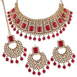 I Jewels Indian Bollywood Gold Plated Faux Beads Choker Jewelry Set with Maang Tiika for Women