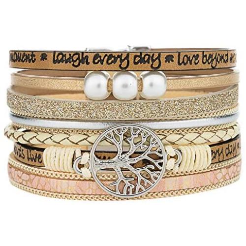 YOOCOOL Tree of Life Leather Multi-Layer Wraps Bracelet,Boho Wide Buckle Wristband Bangle,Braided Cuff Bracelets for Women