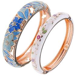 UJOY Bracelet Cloisonne Jewelry Fashion Opening Hinged Bangles Crafted Blue Colored Enamel Flower Gifts for Women 88A11