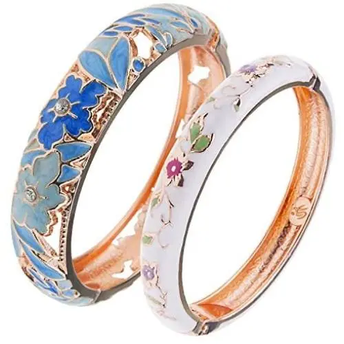 UJOY Bracelet Cloisonne Jewelry Fashion Opening Hinged Bangles Crafted Blue Colored Enamel Flower Gifts for Women 88A11 UJOY Bracelet Cloisonne Jewelry Fashion Opening Hinged Bangles Crafted Blue Colored Enamel Flower Gifts for Women 88A11