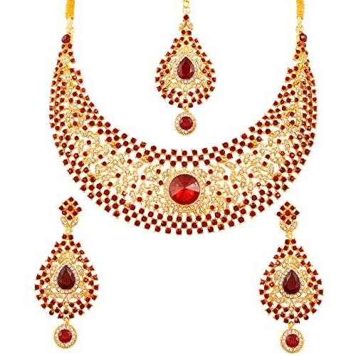 Touchstone Indian Bollywood Intricately Crafted Diamond Look Rhinestone Crystal Colorful Wedding Designer Jewelry Necklace Set in Gold and Silver Tone for Women.