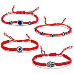 4Pcs Evil Eye Bracelets for Women Men,7 Knot Adjusted Handmade Lucky Bracelets for Protection Kabbalah Black Blue Red String Bracelets Amulet Jewelry Gift for Families Friends,4 Packs