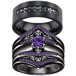 wedding ring set Two Rings His Hers Couples Matching Rings Womens 2pc Black Gold Filled Amethyst CZ Wedding Engagement Ring Bridal Sets Mens Titanium Wedding Band