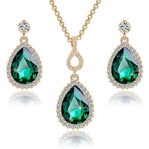 Swarovski Crystals Teardrop Pendant Necklace Earrings for Women 14K Gold Plated Hypoallergenic Jewelry Set