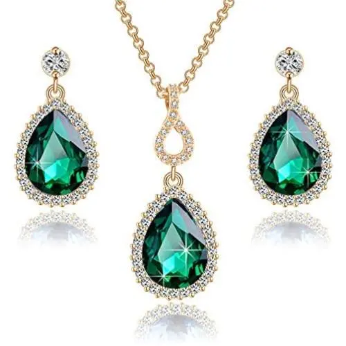 Swarovski Crystals Teardrop Pendant Necklace Earrings for Women 14K Gold Plated Hypoallergenic Jewelry Set