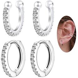 Cubic Zirconia Hoop Earrings Set - Sterling Silver Hypoallergenic Hoop Huggies Earrings Crystal Non Pierced Ear Cuff CZ Cartilage Earrings for Women Girls , 2 Pairs
