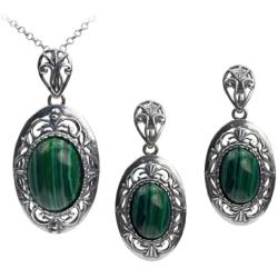 Sterling Silver Imitation Malachite Filigree Oval Earrings Pendant Set Chain 18 Inches