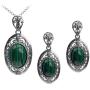 Sterling Silver Imitation Malachite Filigree Oval Earrings Pendant Set Chain 18 Inches