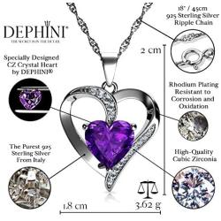 DEPHINI - Purple Heart Necklace - 925 Sterling Silver - CZ Crystal Pendant Birthstone - Fine Jewellery Love - 18 Premium Rhodium Plated Silver Chain - A Cubic Zirconia
