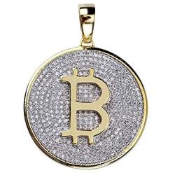 Fashion Hip Hop Charm Jewelry Iced Out Round Bitcoin Pendant Necklace Micro Paved Bling CZ Stones 24'' Gold Color Chain for Men Women